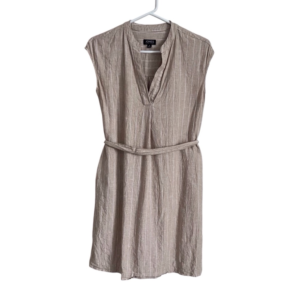 Jones NY Tan Linen Blend Dress Coastal Stripe Preppy Classic Neutral Summer Sz 4